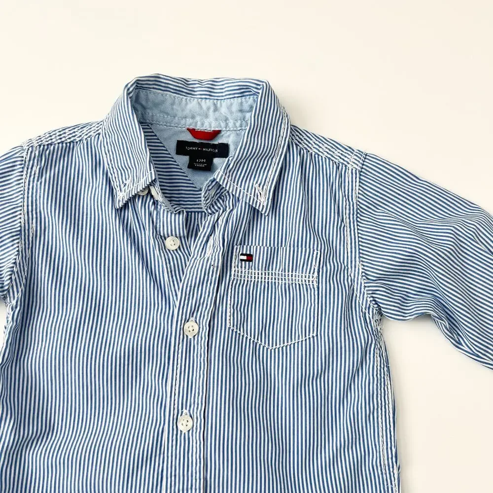 [Tommy Hilfiger] Blue White Striped Button Down Dress Shirt Cotton Size 12M Boys